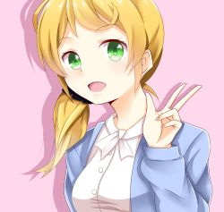 Rule 34 | 1girl, blonde hair, ellen baker, green eyes, highres, long hair, long sleeves, looking at viewer, low ponytail, new horizon, open mouth, pink background, ponytail, scrunchie, seno (nanrandesu), simple background, smile, solo, upper body, w