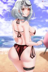Rule 34 | 1girl, ass, bare shoulders, beach, bikini, black hair, blush, breasts, from behind, highres, hololive, huge ass, large breasts, looking at viewer, looking back, multicolored hair, o22no, ocean, outdoors, sakamata chloe, shiny skin, short hair, sideboob, smile, solo, swimsuit, thigh strap, virtual youtuber