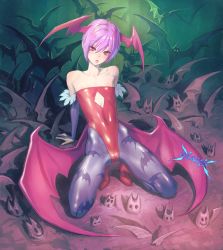 Rule 34 | animal print, bare shoulders, bat (animal), bat wings, bridal gauntlets, capcom, clothing cutout, collarbone, elbow gloves, flat chest, fujii eishun, gloves, head wings, high heels, highres, leotard, lilith aensland, linea alba, pantyhose, purple hair, red eyes, red leotard, shiny clothes, shiny skin, short hair, solo, tight clothes, toned, vampire (game), wings
