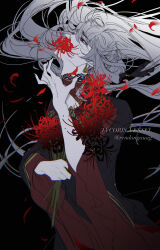 Rule 34 | 1boy, ankou (shuuen no virche), black background, black dress, dress, facing to the side, flower, flower in mouth, grey hair, highres, holding, holding flower, long hair, long sleeves, looking up, male focus, multicolored clothes, multicolored dress, nail polish, pale skin, petals, red dress, red eyes, red flower, rendong06, shuuen no virche, solo, spider lily