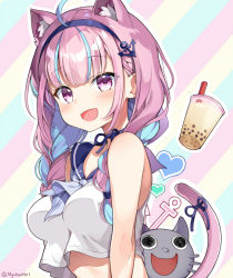 Rule 34 | 1girl, :d, ahoge, anchor symbol, animal ear fluff, animal ears, bare shoulders, blue hair, blue hairband, blue neckwear, blue ribbon, blue sailor collar, blush, braid, breasts, bubble tea, cat ears, cat girl, cat tail, commentary request, crop top, crop top overhang, cup, diagonal stripes, disposable cup, drinking straw, hairband, heart, hololive, long hair, looking at viewer, low twintails, medium breasts, minato aqua, multicolored hair, myuton, neko (minato aqua), open mouth, pink hair, purple eyes, ribbon, sailor collar, school uniform, serafuku, shirt, sleeveless, sleeveless shirt, smile, striped, striped background, tail, tail ornament, tail ribbon, twin braids, twintails, twitter username, two-tone hair, upper body, virtual youtuber, white shirt