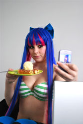 Rule 34 | blue hair, bra, breasts, candy, cellphone, cleavage, cosplay, food, large breasts, long hair, makeup, midriff, multicolored hair, panty &amp; stocking with garterbelt, phone, photo (medium), pink hair, stocking (psg), underwear