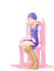 Rule 34 | 00s, 1girl, beret, blue dress, boots, brown footwear, chair, dress, full body, hat, knee boots, macross, macross frontier, puffy short sleeves, puffy sleeves, sheryl nome, short sleeves, sitting, sleeping, sleeping upright, solo, thighhighs, zettai ryouiki