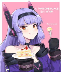 Rule 34 | artist name, breasts, cake, cake slice, challenger dominiel, choker, cleavage, collarbone, eating, english text, epic seven, food, food on face, fruit, hairband, headphones, highres, korean text, licking lips, long hair, long sleeves, medium breasts, mittens, off shoulder, orange eyes, purple hair, sidelocks, solo, strawberry, tongue, tongue out, twomoon