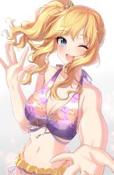 Rule 34 | 1girl, bare shoulders, bikini, blonde hair, blue eyes, blush, breasts, cleavage, collarbone, floral print, highres, idolmaster, idolmaster cinderella girls, large breasts, long hair, looking at viewer, navel, ohtsuki yui, one eye closed, open mouth, outstretched arm, ponytail, purple bikini, satoimo chika, side ponytail, sidelocks, simple background, smile, swept bangs, swimsuit, wavy hair, white background