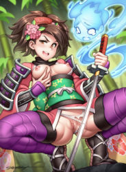 Rule 34 | 1girl, arm guards, armor, black hair, breasts, comb, erotibot, flower, grabbing own breast, hair flower, hair ornament, hitodama, japanese armor, japanese clothes, katana, looking at viewer, medium breasts, momohime, momohime (hitodama), nipples, obi, oboro muramasa, open mouth, possessed, pussy, raised eyebrow, sash, solo, spread legs, squatting, sword, thighhighs, torn clothes, torn fundoshi, uncensored, weapon, wide sleeves