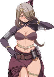 Rule 34 | 1girl, armlet, bad id, bad pixiv id, benihaku juuhachi, blush, bracelet, breasts, brown hair, choker, cleavage, crescent, curvy, elbow gloves, eloise (the legend of legacy), flower, gloves, hair flower, hair ornament, hair over one eye, hand on own hip, hat, highres, jewelry, large breasts, long skirt, midriff, mini hat, muffin top, navel, purple eyes, side slit, skindentation, skirt, smile, solo, star (symbol), the legend of legacy, thigh strap, wide hips