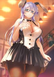 Rule 34 | animal ears, bare shoulders, black bow, black skirt, blue eyes, blush, bow, breasts, cleavage, commentary request, detached collar, dress, from below, glasses, hair between eyes, hair ornament, hand on own chest, heart, heart-shaped pupils, highres, indoors, kitiroku, large breasts, long hair, maid, original, pantyhose, parted lips, pleated skirt, purple hair, rabbit ears, semi-rimless eyewear, skindentation, skirt, symbol-shaped pupils, thighs