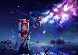 Rule 34 | 1girl, absurdres, alternate costume, animal ears, black gloves, brown eyes, brown hair, commentary request, dated, gloves, highres, holding, holding staff, hood, hood up, huge filesize, kono subarashii sekai ni shukufuku wo!, landscape, looking at viewer, megumin, night, open mouth, outdoors, plant, scenery, signature, sky, smile, solo, staff, star (sky), starry sky, teeth, upper teeth only, winter, yansae81