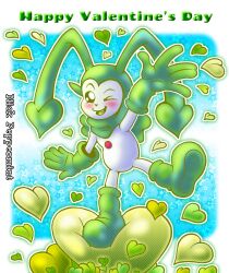 Rule 34 | digimon, digimon (creature), heart, highres, looking at viewer, one eye closed, open mouth, pucchiemon (green), smile, solo, valentine&#039;s day, wink