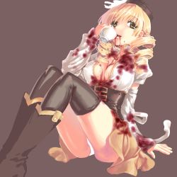Rule 34 | 10s, 1girl, 6bi, between breasts, black thighhighs, blonde hair, blood, blood on clothes, boots, breasts, cleavage, corset, cup, detached sleeves, drill hair, drinking, hat, highres, magical girl, mahou shoujo madoka magica, mahou shoujo madoka magica (anime), medium breasts, messy, panties, pantyshot, sitting, solo, thighhighs, tomoe mami, twin drills, twintails, underwear, white panties, yellow eyes