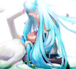 Rule 34 | 1boy, 1girl, aqua hair, arm tattoo, bad id, bad pixiv id, blouse, blue hair, boots, borrowed clothes, bug, butterfly, comforting, covered eyes, from side, grey shirt, hair down, hand on another&#039;s head, hatsune miku, highres, holding, holding own hair, insect, kaito (vocaloid), long hair, miniskirt, rowya, shirt, skirt, strangling, tattoo, tears, thigh boots, thighhighs, twintails, v-neck, very long hair, vocaloid, white background, white shirt