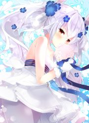 Rule 34 | 1girl, absurdres, animal ears, azur lane, bare shoulders, blue background, blue flower, blush, bouquet, breasts, cleavage, closed mouth, commentary request, dress, flower, fuuna thise, gloves, hair between eyes, highres, holding, holding bouquet, laffey (azur lane), laffey (white rabbit&#039;s oath) (azur lane), long hair, pantyhose, pink flower, rabbit ears, red eyes, small breasts, smile, solo, strapless, strapless dress, twintails, very long hair, white dress, white gloves, white hair, white pantyhose