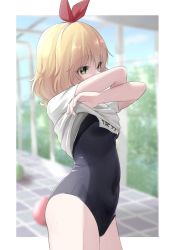 Rule 34 | absurdres, ball, beachball, black one-piece swimsuit, blonde hair, blurry, blurry background, blush, breasts, clothes lift, commentary, cowboy shot, glass wall, green eyes, hair ribbon, highres, idolmaster, idolmaster cinderella girls, indoors, lifting own clothes, looking away, minamoto0408, minamoto tarou, name tag, one-piece swimsuit, red ribbon, ribbon, sakurai momoka, school swimsuit, shirt, shirt lift, short hair, short sleeves, small breasts, solo, swimsuit, t-shirt, thighs, undressing, white shirt