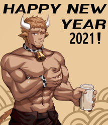 Rule 34 | 1boy, 2021, abs, absurdres, animal ears, animal print, bara, beard, bell, neck bell, chinese zodiac, collar, cow boy, cow ears, cow horns, cow print, cowboy shot, facial hair, grabbing, happy new year, highres, horns, lactation, large pectorals, light brown hair, male focus, male lactation, milk, muscular, muscular male, navel, new year, nipples, one eye closed, original, pectoral grab, pectorals, grabbing own breast, topless male, short hair, smile, solo, year of the ox, yeon (leyonkim)