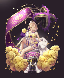 Rule 34 | 1girl, bikini, black background, blonde hair, bow, braid, briar rose (sinoalice), cape, closed mouth, crown, doll, flag, flower, fur trim, green eyes, highres, holding, holding weapon, looking at viewer, nagi (nightmare-cat), petals, plant, race queen, rose, short hair, simple background, sinoalice, sitting, smile, solo, swimsuit, thorns, vines, weapon, yellow flower, yellow rose