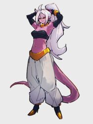 Rule 34 | 1girl, alternate hairstyle, android 21, black sclera, breasts, cleavage, colored sclera, colored skin, dragon ball, dragon ball fighterz, earrings, full body, grey background, hoop earrings, jewelry, kemachiku, majin android 21, medium breasts, pants, pink skin, pointy ears, ponytail, red eyes, simple background, solo, standing, tail, white hair, white pants