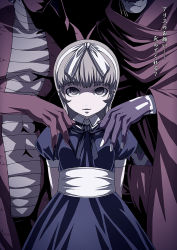 Rule 34 | 1girl, 2boys, ?, alice (megami tensei), arms behind back, atlus, belial, belial (megami tensei), black nails, bow, cloak, colored skin, dress, earrings, eyebrows, fingernails, grey eyes, grey hair, hair bow, hairband, holding, holding clothes, hood, hooded cloak, jewelry, light smile, long fingernails, long hair, looking at viewer, megami tensei, multiple boys, nail polish, nebiros, neck ribbon, out of frame, parted lips, persona, persona 4, puffy short sleeves, puffy sleeves, purple skin, red skin, ribbon, ringed eyes, scales, shaded face, sharp fingernails, shin megami tensei, short sleeves, solo focus, tasaka shinnosuke, translation request, white bow, white nails