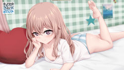 Rule 34 | 1girl, ass, bare legs, barefoot, bed sheet, blush, breasts, brown eyes, brown hair, chrisandita, closed mouth, collarbone, commentary request, downblouse, feet, female focus, hair between eyes, heart, heart-shaped pillow, inui sajuna, leg up, long hair, lying, no bra, no pants, on stomach, panties, pillow, plaid, shirt, short sleeves, small breasts, smile, soles, solo, sono bisque doll wa koi wo suru, star (symbol), striped clothes, striped panties, toes, underwear, white shirt
