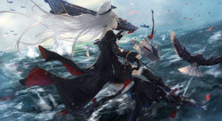 Rule 34 | 1girl, action, aircraft, airplane, arm up, azur lane, bare shoulders, bird, black coat, black thighhighs, bow (weapon), breasts, closed mouth, coat, cuff links, eagle, enterprise (azur lane), explosion, floating hair, from behind, from side, hat, holding, holding bow (weapon), holding weapon, kachi, large breasts, long hair, machinery, miniskirt, ocean, off shoulder, peaked cap, pleated skirt, rain, rigging, rudder footwear, shirt, silver hair, skirt, sleeve cuffs, sleeveless, solo, standing, standing on liquid, thighhighs, thighs, torn clothes, torn coat, torpedos, very long hair, water, waves, weapon, wet, wind, wind lift