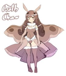 Rule 34 | 1girl, absurdres, arthropod girl, blush, brown hair, bug, character name, elbow gloves, english text, full body, fur trim, gloves, highres, hinghoi, insect, insect girl, leotard, long hair, looking at viewer, moth, moth girl, original, personification, simple background, sleeveless, smile, solo, standing, strapless, white background, wings