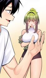 Rule 34 | 1boy, 1girl, black eyes, black hair, black shorts, blush, crossed arms, disgust, fucked the world tree, green hair, green jacket, hand up, highres, jacket, lee seyoung, lee siheon, long hair, looking at another, open clothes, open jacket, open mouth, shirt, shorts, smile, tongue, very long hair, white shirt, yellow eyes