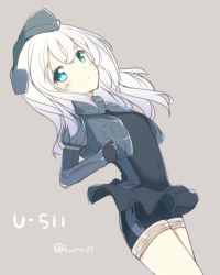 Rule 34 | 10s, 1girl, blue eyes, character name, cropped jacket, fuuna, garrison cap, gloves, hat, kantai collection, long hair, looking at viewer, military, military uniform, silver hair, solo, twitter username, u-511 (kancolle), uniform