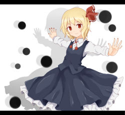 Rule 34 | 1girl, bad id, bad pixiv id, blonde hair, embodiment of scarlet devil, female focus, goro, gradient background, hair ribbon, letterboxed, red eyes, ribbon, rumia, short hair, solo, touhou, white background