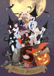 Rule 34 | 4girls, animal costume, animal ears, animal hands, bandages, bare shoulders, bat (animal), black theme, blake belladonna, blonde hair, blue eyes, bojue yu yaojing 695657, boots, breasts, broom, broom riding, cape, cat costume, cat ears, cat paws, cat tail, cleavage, cosplay, cross, cross-laced footwear, english text, fingerless gloves, frankenstein&#039;s monster, frankenstein&#039;s monster (cosplay), full moon, ghost, gloves, grey eyes, halloween, halloween costume, happy halloween, hat, highres, jack-o&#039;-lantern, lace-up boots, long hair, medium breasts, midriff, moon, multiple girls, mummy, mummy (cosplay), navel, night, night sky, open mouth, pantyhose, puffy short sleeves, puffy sleeves, pumpkin, purple eyes, ruby rose, rwby, short hair, short sleeves, silk, sky, spider web, spire, steeple, stitches, tail, tombstone, vambraces, weiss schnee, white hair, witch, witch hat, yang xiao long, yellow eyes