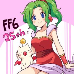 Rule 34 | 1girl, blue eyes, blush stickers, breasts, cleavage, closed mouth, dress, earrings, final fantasy, final fantasy vi, green hair, jewelry, long hair, looking at viewer, moogle, ponytail, purple eyes, ruo (cruzada), smile, tina branford