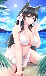Rule 34 | 1girl, :q, animal ears, arm support, atago (azur lane), atago (summer march) (azur lane), atago (summer march) (azur lane), azur lane, beach, bikini, black hair, breasts, camilitrox cr, cleavage, cloud, extra ears, flower, hair flower, hair ornament, highres, kneeling, large breasts, long hair, looking at viewer, mole, mole under eye, mountain, navel, ok sign, palm tree, ribbon, sky, smile, solo, spread legs, sunlight, swept bangs, swimsuit, tongue, tongue out, tree, white bikini, yellow eyes