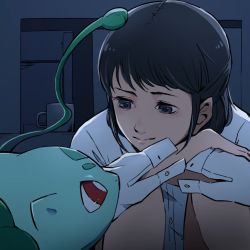 Rule 34 | 1girl, ayo (ayosanri009), black hair, bright pupils, bulbasaur, buttons, closed mouth, commentary request, creatures (company), cup, eye contact, eyelashes, game freak, gen 1 pokemon, grey eyes, indoors, long sleeves, looking at another, looking down, mug, nintendo, plant, pokemon, pokemon (creature), red eyes, shirt, vines, white pupils, white shirt