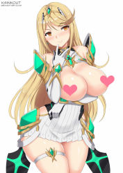 Rule 34 | 1girl, armor, bare shoulders, blonde hair, blush, breasts, breasts out, censored, censored nipples, closed mouth, commission, dress, gem, gloves, hair ornament, headpiece, heart, heart censor, huge breasts, jewelry, kainkout, large breasts, long hair, looking at viewer, mythra (xenoblade), nintendo, shoulder armor, smile, solo, swept bangs, thigh strap, tiara, very long hair, white background, xenoblade chronicles (series), xenoblade chronicles 2, yellow eyes