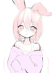 Rule 34 | 1girl, :o, animal ears, blush stickers, borrowed character, camisole, commission, hair between eyes, highres, jacket, long hair, long sleeves, looking at viewer, low twintails, oggu (neoguloliko), original, parted lips, pink eyes, pink hair, purple jacket, rabbit ears, simple background, skeb commission, sleeves past fingers, sleeves past wrists, solo, twintails, upper body, very long hair, white background, white camisole