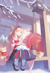 Rule 34 | 1girl, :d, animal ear fluff, animal ears, apron, architecture, arknights, black hakama, blonde hair, bobby socks, chinese knot, cup, east asian architecture, floral print, flower, fox, fox ears, fox girl, fox tail, frilled apron, frills, full body, green eyes, hair flower, hair ornament, hairband, hakama, hakama skirt, highres, holding, holding cup, japanese clothes, kettle, kimono, kitsune, kyuubi, long sleeves, multicolored hair, multiple tails, obi, official alternate costume, oil-paper umbrella, okobo, open mouth, outdoors, pink kimono, pleated skirt, red hairband, red umbrella, sandals, sash, sitting, skirt, smile, snow, socks, solo, suzuran (arknights), suzuran (yukibare) (arknights), tabi, tail, tassel, teeth, two-tone hair, umbrella, upper teeth only, waist apron, white apron, white hair, white socks, wide sleeves, winter, yutsuki (pixiv4894196)