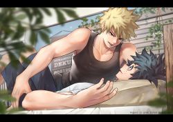 Rule 34 | 2boys, absurdres, bakugou katsuki, black tank top, blonde hair, blue shorts, blurry, blurry foreground, boku no hero academia, character name, freckles, green eyes, green hair, highres, letterboxed, looking at another, lying, male focus, midoriya izuku, multiple boys, on back, on bed, pillow, plant, red eyes, shorts, spiked hair, tank top, ushi3 moo, yaoi