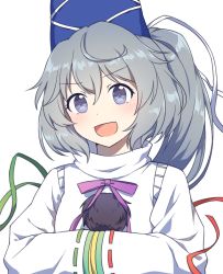 Rule 34 | 1girl, blue eyes, blue hat, blush, commission, grey hair, hair between eyes, hat, japanese clothes, kaoling, kariginu, korean commentary, long hair, mononobe no futo, open mouth, pom pom (clothes), ponytail, ribbon-trimmed sleeves, ribbon trim, simple background, sleeves past fingers, sleeves past wrists, smile, solo, tate eboshi, touhou, upper body, white background, wide sleeves