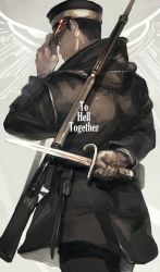 Rule 34 | 1boy, adjusting clothes, adjusting headwear, arisaka, arm up, bayonet, belt, black coat, black eyes, black hair, black hat, black pants, bolt action, buzz cut, closed mouth, coat, commentary request, cowboy shot, from behind, golden kamuy, grey background, gun, hat, highres, holding, holding knife, holding weapon, hood, hood down, hooded coat, imperial japanese army, kepi, knife, long sleeves, looking at viewer, looking back, male focus, military, military hat, military uniform, oku (2964 okn), pants, pouch, rifle, sheath, short hair, simple background, smile, solo, standing, tsukishima hajime, uniform, upper body, very short hair, weapon, weapon on back
