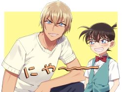Rule 34 | 2boys, amuro tooru, arms at sides, black-framed eyewear, blonde hair, blue eyes, blue pants, blue vest, blush, border, bow, bowtie, brown hair, child, collared shirt, commentary request, edogawa conan, glasses, grin, happy, k (gear labo), looking at viewer, male focus, meitantei conan, multiple boys, outside border, pants, red bow, red neckwear, shirt, short hair, short sleeves, simple background, smile, teeth, upper body, vest, white border, white shirt, yellow background