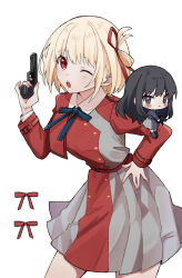 2girls :o belt black_hair blonde_hair bob_cut bow chibi commentary dress grey_dress gun hair_ribbon hand_on_own_hip highres holding holding_gun holding_weapon inoue_takina leaning_forward long_hair long_sleeves lycoris_recoil lycoris_uniform multiple_girls nishikigi_chisato one_eye_closed open_mouth pleated_dress purple_eyes red_belt red_bow red_dress red_eyes red_ribbon ribbon short_hair simple_background takashi_51675 two-tone_dress weapon white_background