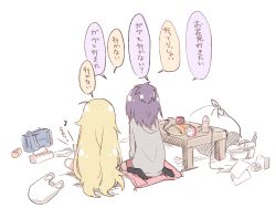 Rule 34 | 10s, 2girls, alarm clock, bafarin, bag, blonde hair, bottle, clock, cup ramen, facing away, from behind, gabriel dropout, indoors, long hair, messy room, multiple girls, musical note, no shoes, pencil case, plastic bag, playing games, purple hair, quaver, school bag, sitting, table, gabriel tenma white, tissue box, translation request, trash bag, vignette tsukinose april, very long hair, water bottle