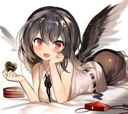 Rule 34 | 1girl, :d, black hair, black ribbon, black skirt, black wings, blush, box, candy, chocolate, chocolate heart, collared shirt, commentary request, feathered wings, food, frilled skirt, frills, fuepo, hat, heart, heart-shaped box, highres, holding, holding chocolate, holding food, long hair, looking at viewer, lying, neck ribbon, on stomach, open mouth, red eyes, red hat, ribbon, shameimaru aya, shirt, simple background, skirt, sleeveless, sleeveless shirt, smile, solo, tokin hat, touhou, twitter username, unworn headwear, valentine, white background, white shirt, wings