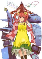 Rule 34 | 1girl, absurdres, apron, bell, blush, boots, breasts, brown footwear, car, checkered clothes, checkered kimono, closed mouth, commentary request, contrail, cookie (touhou), creaf (cookie), famicom, feet out of frame, frilled apron, frills, game console, green skirt, hair bell, hair between eyes, hair ornament, highres, japanese clothes, jingle bell, kimono, long sleeves, looking at viewer, medium breasts, medium hair, motoori kosuzu, motor vehicle, olympic rings, olympics, orange hair, pink kimono, red eyes, red kimono, refrigerator, shinkansen, shouwa, skirt, smile, solo, television, toaru yuuzaa, tokyo tower, touhou, transparent background, twintails, yellow apron