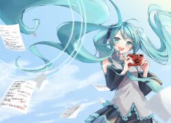 Rule 34 | 1girl, absurdres, blue eyes, blue hair, blush, camera, collared shirt, day, detached sleeves, floating hair, hair ornament, hatsune miku, highres, holding, holding camera, long hair, long sleeves, miku day, musical note, nagitofuu, nail polish, necktie, open mouth, paper, pleated skirt, shirt, skirt, sky, sleeveless, sleeveless shirt, smile, solo, staff (music), twintails, very long hair, vocaloid