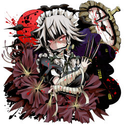 Rule 34 | 1girl, bandages, between fingers, blood, blood splatter, braid, clock, embodiment of scarlet devil, female focus, flower, givuchoko, grey hair, highres, holding, izayoi sakuya, knife, maid, maid headdress, mouth hold, red eyes, ribbon, solo, spider lily, throwing knife, touhou, twin braids, upper body, weapon
