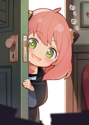 Rule 34 | + +, 1girl, :d, ahoge, anya (spy x family), black dress, blurry, blurry foreground, blush, brat (brabrabrat00), child, commentary request, depth of field, door, dress, green eyes, highres, long hair, long sleeves, looking at viewer, open door, open mouth, peeking out, pink hair, smile, solo, spy x family, translation request, wide sleeves