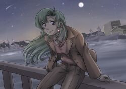 Rule 34 | 1girl, aqua hair, arm support, brown jacket, brown pants, city, cityscape, cropped legs, earrings, fence, full moon, hatsuseno alpha, highres, jacket, jewelry, long hair, looking at viewer, moon, nakamoto vic, navy, night, open clothes, open jacket, pants, pink sweater, purple eyes, scenery, shirt, sitting, sky, smile, solo, star (sky), starry sky, sweater, water, white shirt, wind, yokohama kaidashi kikou