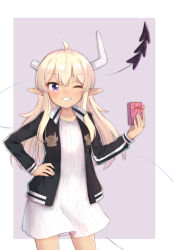 Rule 34 | 1girl, ahoge, blonde hair, blush, border, breasts, demon girl, demon horns, demon tail, gift, grin, hand on own hip, highres, horns, kuramoto takato, lilith (machikado mazoku), long hair, looking at viewer, machikado mazoku, one eye closed, pointy ears, purple background, purple eyes, simple background, small breasts, smile, solo, tail, white border