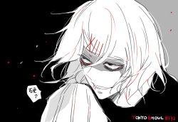 1boy awara_kayu black_background copyright_name grey_background hair_between_eyes hair_ornament hairclip half-closed_eyes looking_up shirt short_hair solo speech_bubble spot_color suzuya_juuzou teeth tokyo_ghoul translation_request x_hair_ornament