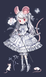 Rule 34 | 1girl, animal, animal ears, black background, bow, bug, butterfly, dress, earrings, flower, frilled dress, frills, full body, grey bow, grey footwear, grey socks, hair ornament, highres, holding, holding flower, insect, jewelry, juliet sleeves, leaf, long hair, long sleeves, looking at viewer, mouse ears, mouse girl, mouse tail, original, plant, puffy sleeves, red eyes, shirosaki london, shoes, simple background, socks, solo, standing, tail, tail bow, tail ornament, twintails, white flower, white hair